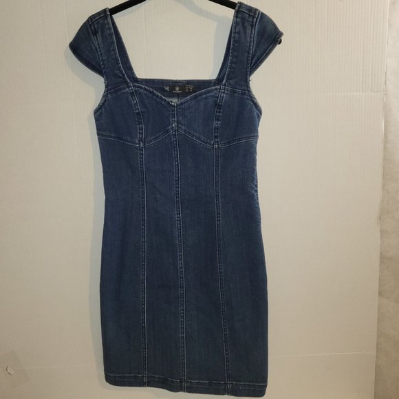 Women's Volcom Denim Jean Mini Dress Sweetheart Neck Cap Sleeve Size XS - Picture 3 of 8